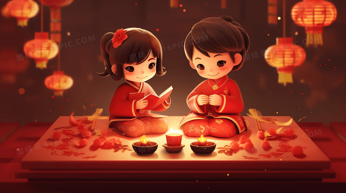 参加春节传统活动的小孩插画