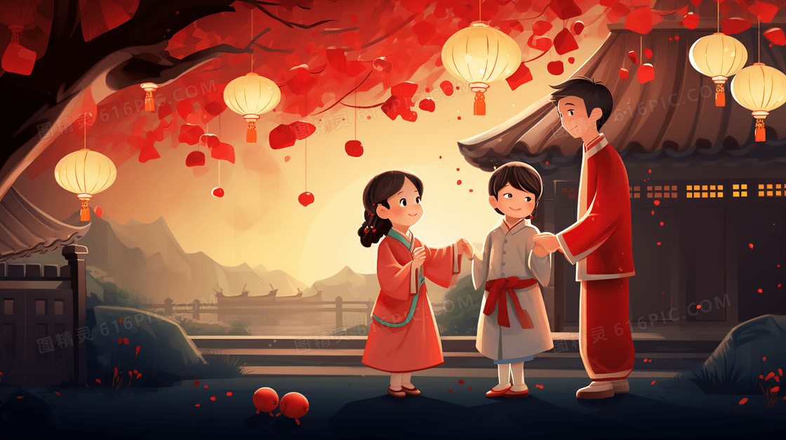 小孩子与父亲一起庆祝春节插画
