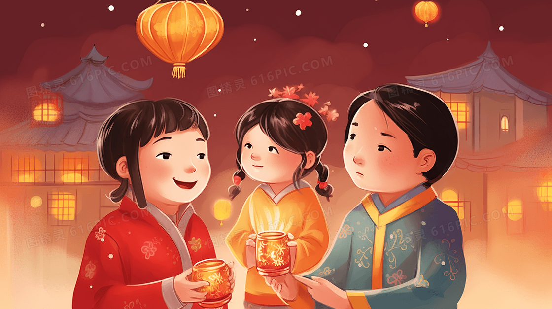 中国古代参加春节庆典的人们插画