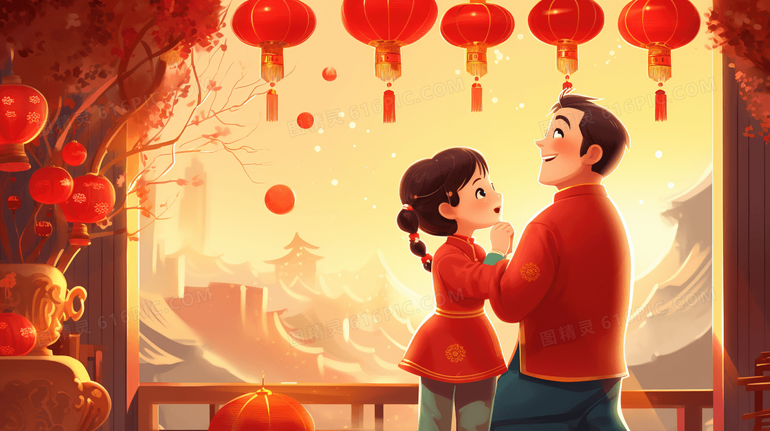 小孩子与父亲一起庆祝春节插画