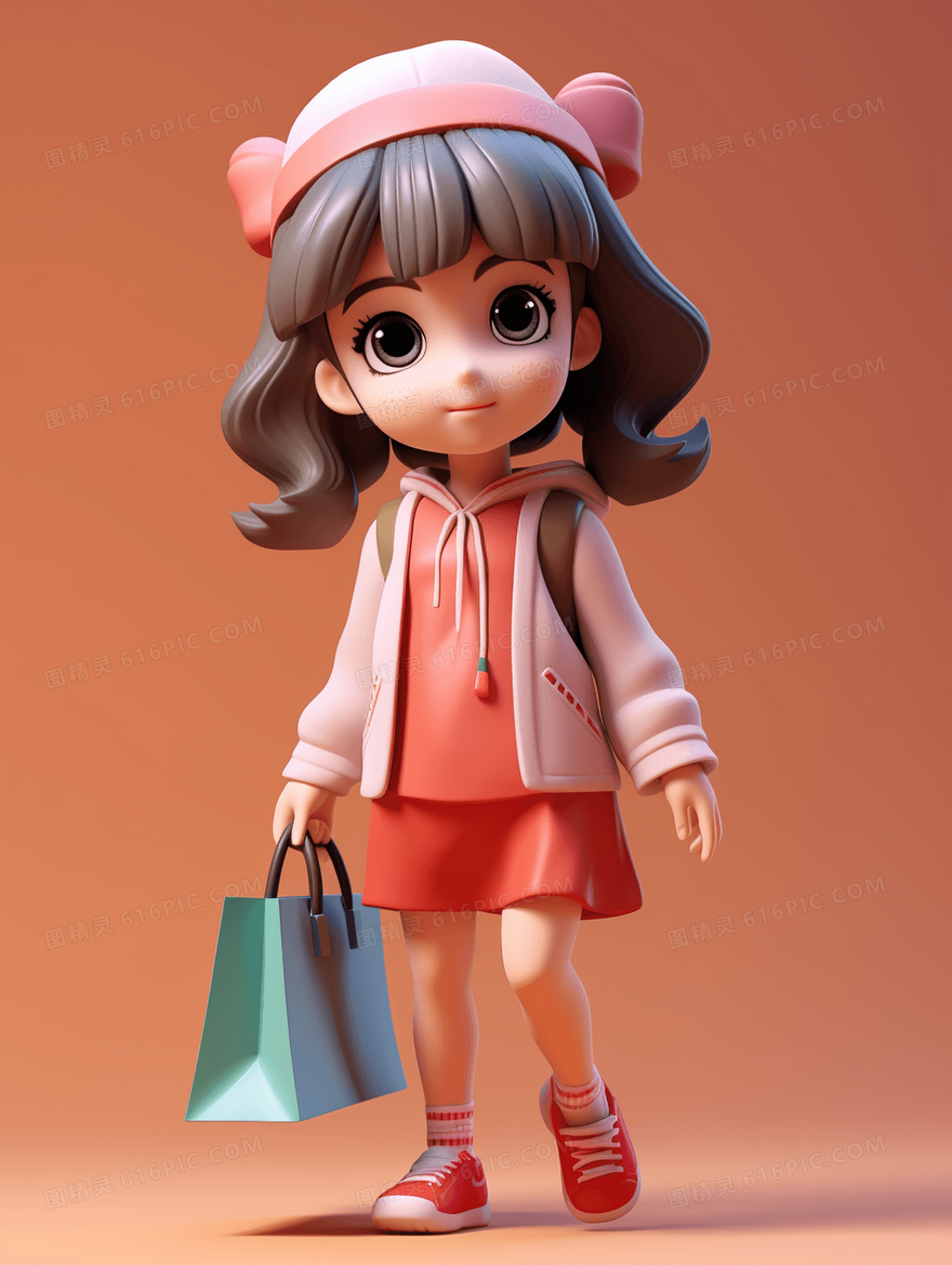 一个拿着购物袋逛街的可爱女孩插画