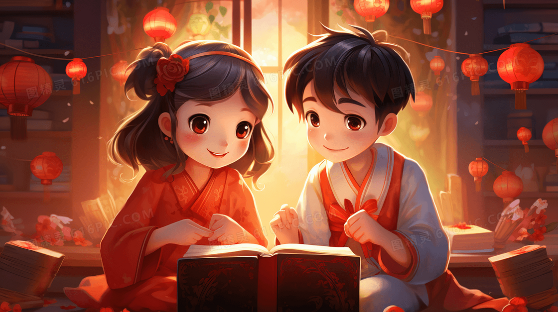 春节假期里看书的小孩插画