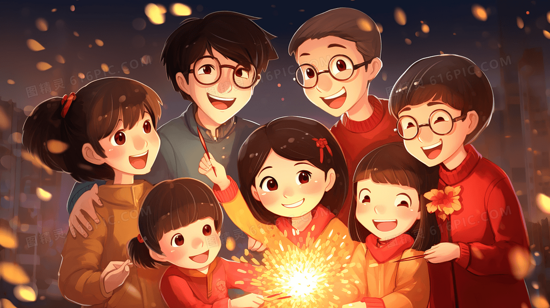 好友一起庆祝春节插画