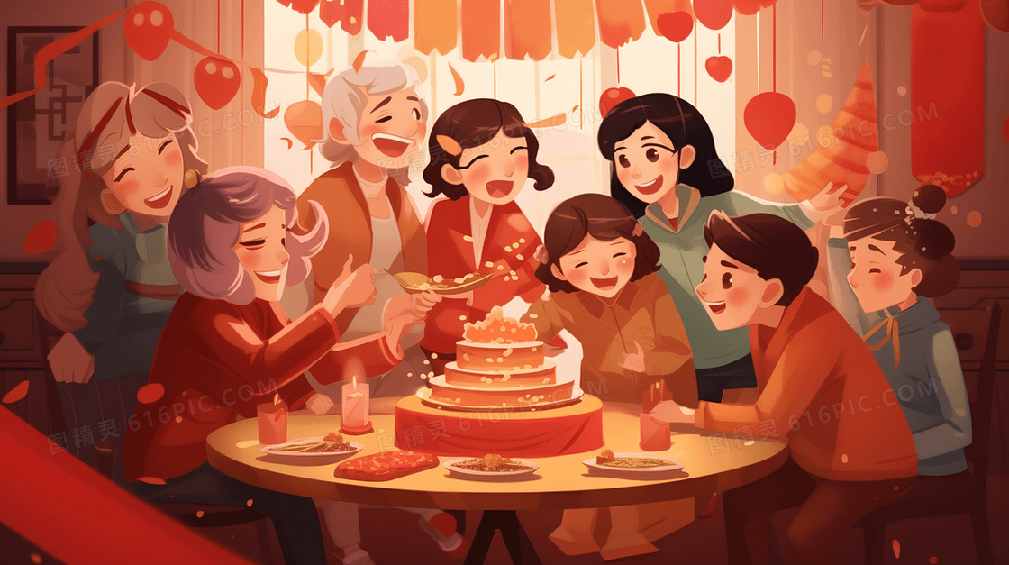 亲友围着生日蛋糕庆祝生日插画