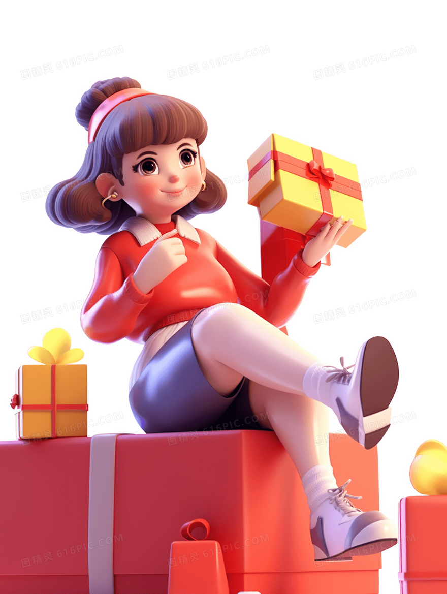 一个快乐拿着礼物坐在礼物盒上的女生插画