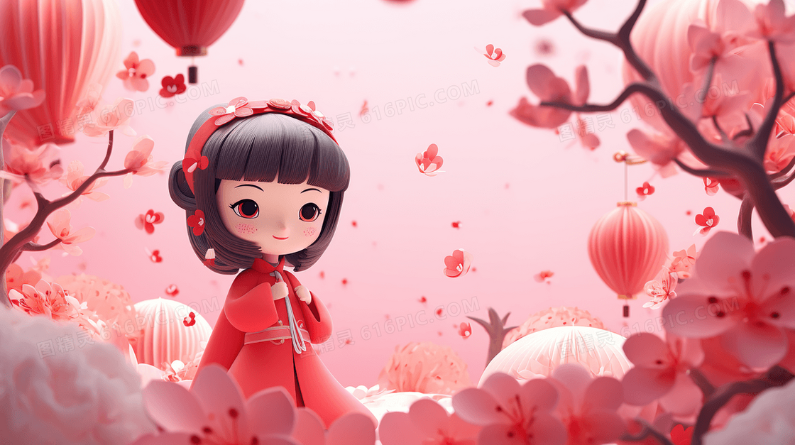 被鲜花灯笼包围的小女孩春节插画