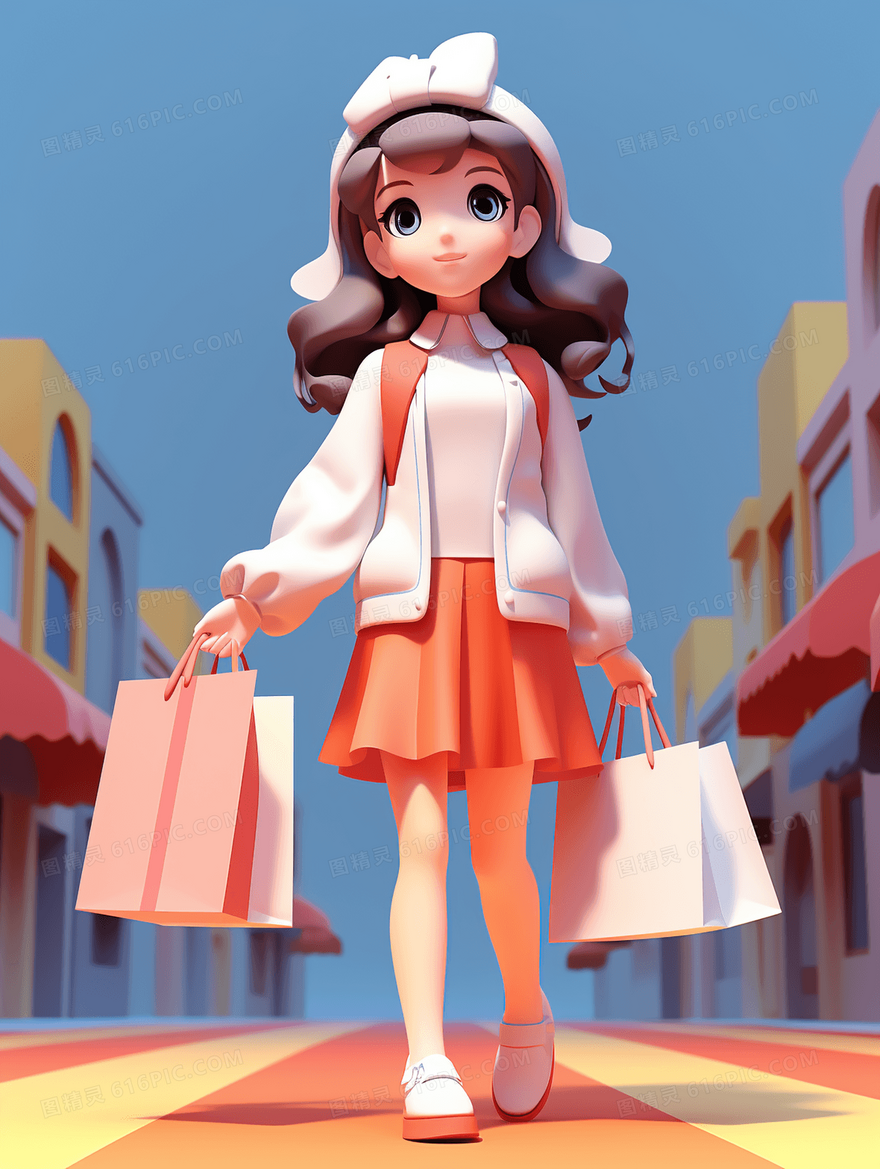 购物袋逛街的时尚女孩插画