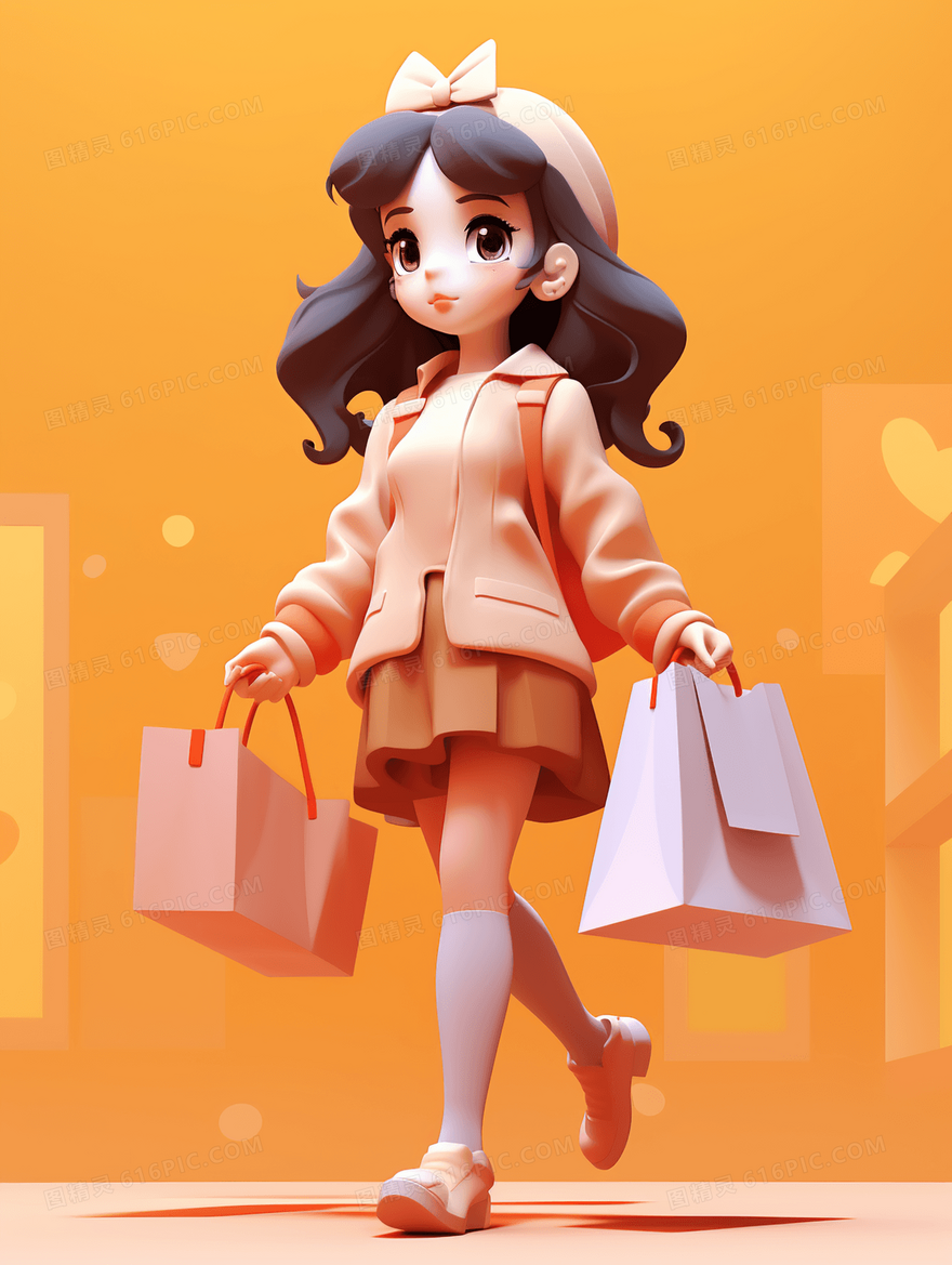 拿着购物袋逛街的漂亮女孩插画
