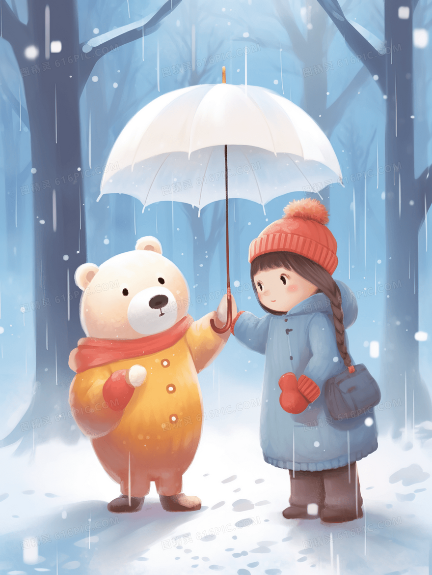 冬季小熊给小女孩撑伞插画