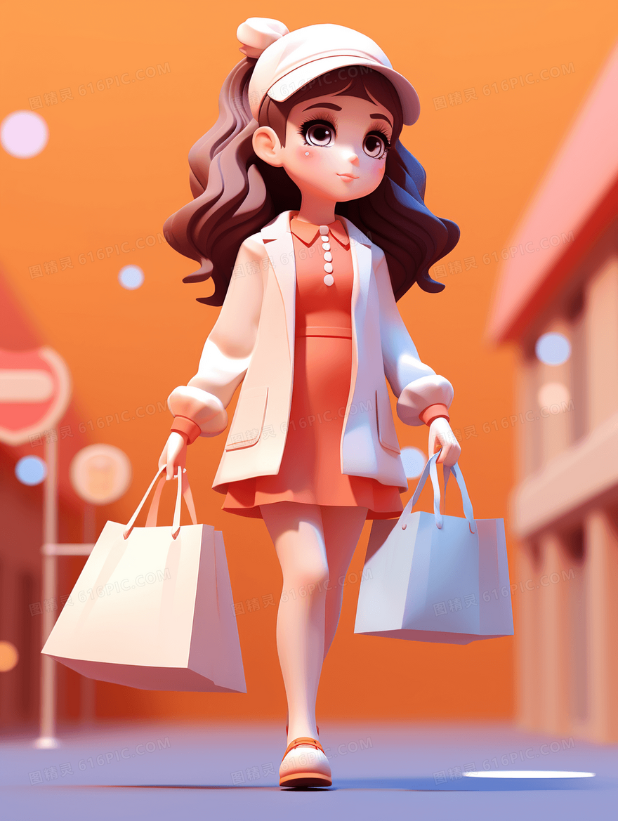 拿着购物袋逛街的漂亮女孩插画