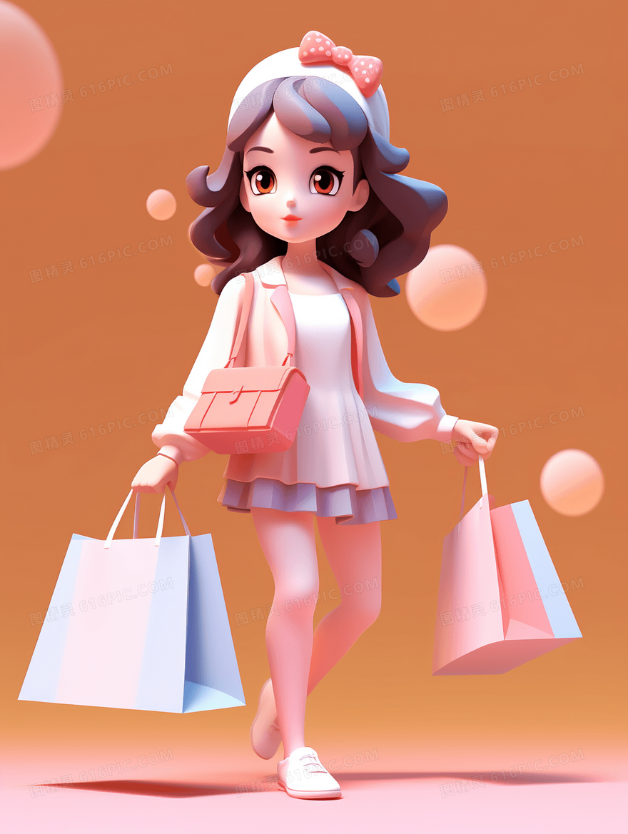 拿着购物袋逛街的漂亮女孩插画