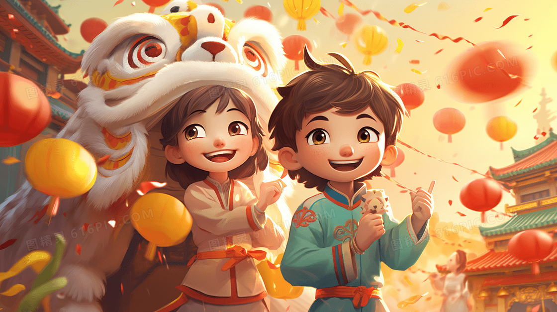 春节庆典可爱的醒狮与儿童插画