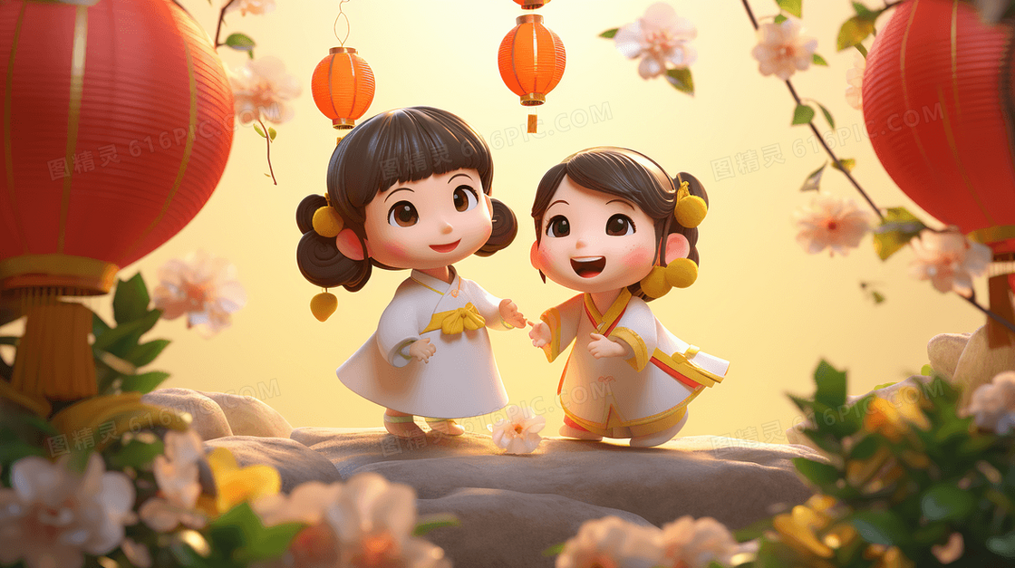 儿童在春节庆典里玩耍插画