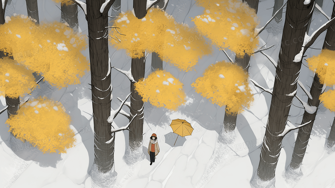 雪中打着黄伞行走的人插画