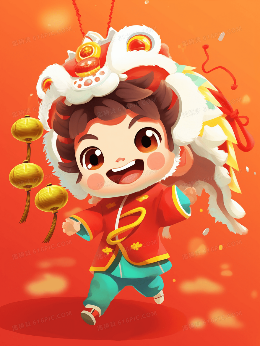 春节庆典舞醒狮的小男孩插画