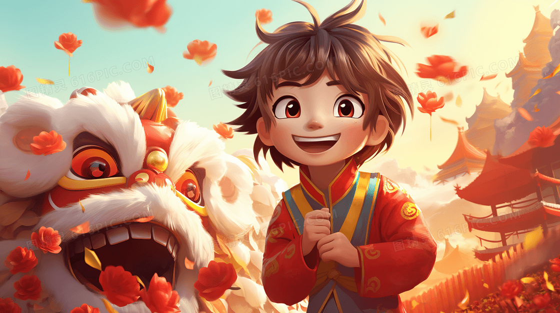 春节庆祝活动的醒狮与小孩插画