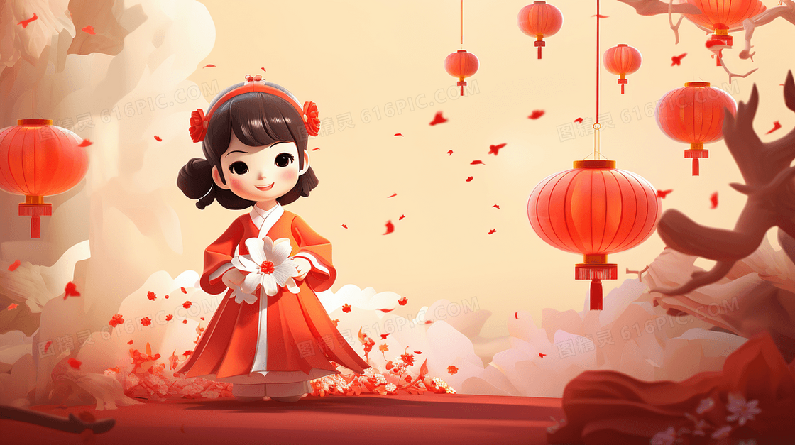 中国新年赏灯的少女插画