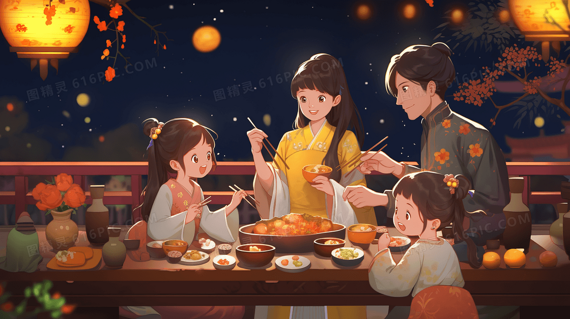 中秋节团圆赏月插画