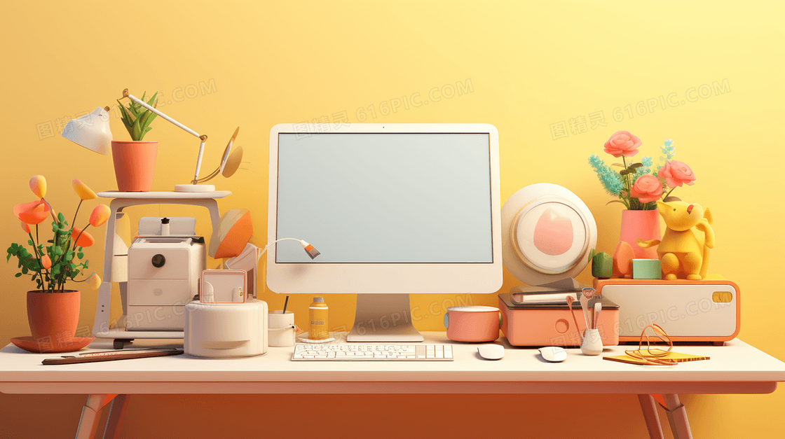 3D立体商务办公电脑桌面插画