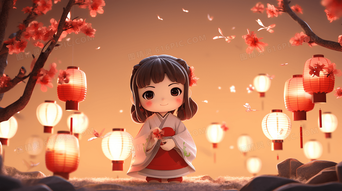 中国新年赏灯的少女插画