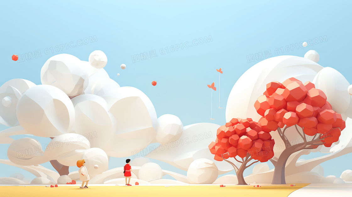 男孩在蓝天白云下的大自然C4D插画