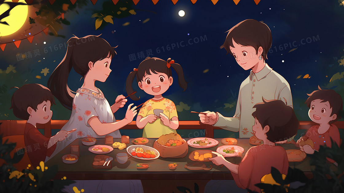 中秋节团圆赏月插画