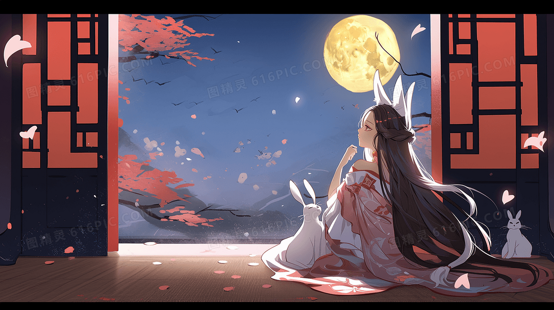 中秋节嫦娥仙子在窗边赏月插画