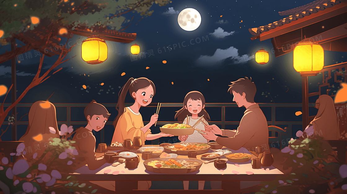 中秋节团圆赏月插画