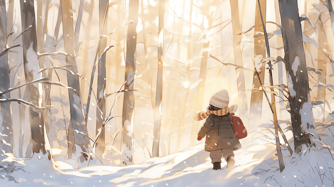 在森林雪地中的小女孩插画