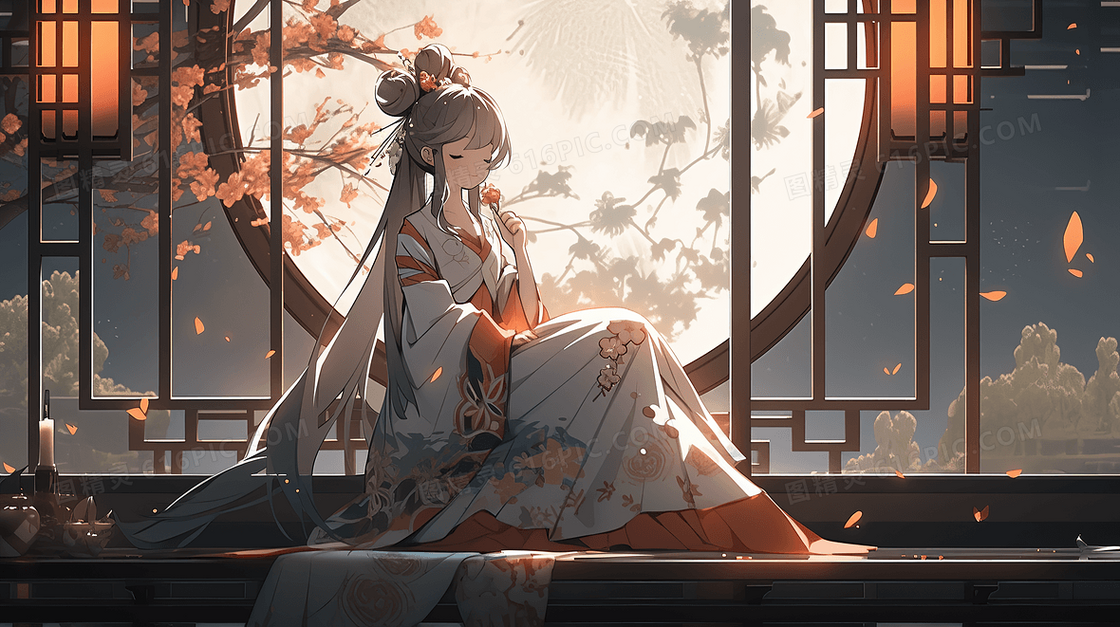 中秋节嫦娥仙子在窗边赏月插画