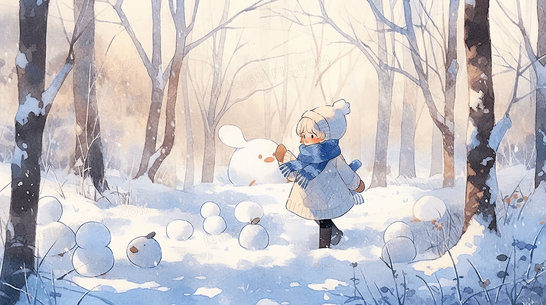在森林雪地中的小女孩插画