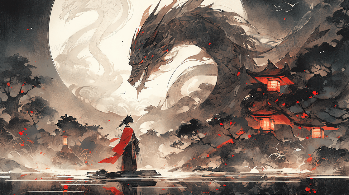 月亮下男孩与龙插画