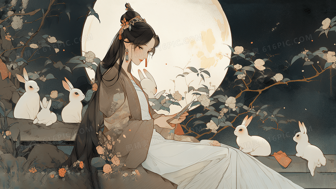 中秋节嫦娥仙子在窗边赏月插画