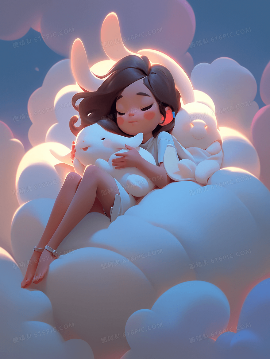 躺在云朵上抱着兔子睡觉的小女孩插画