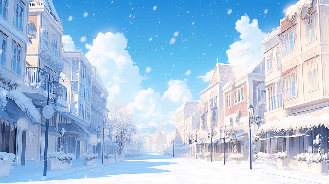 冬季雪中的房屋树木插画