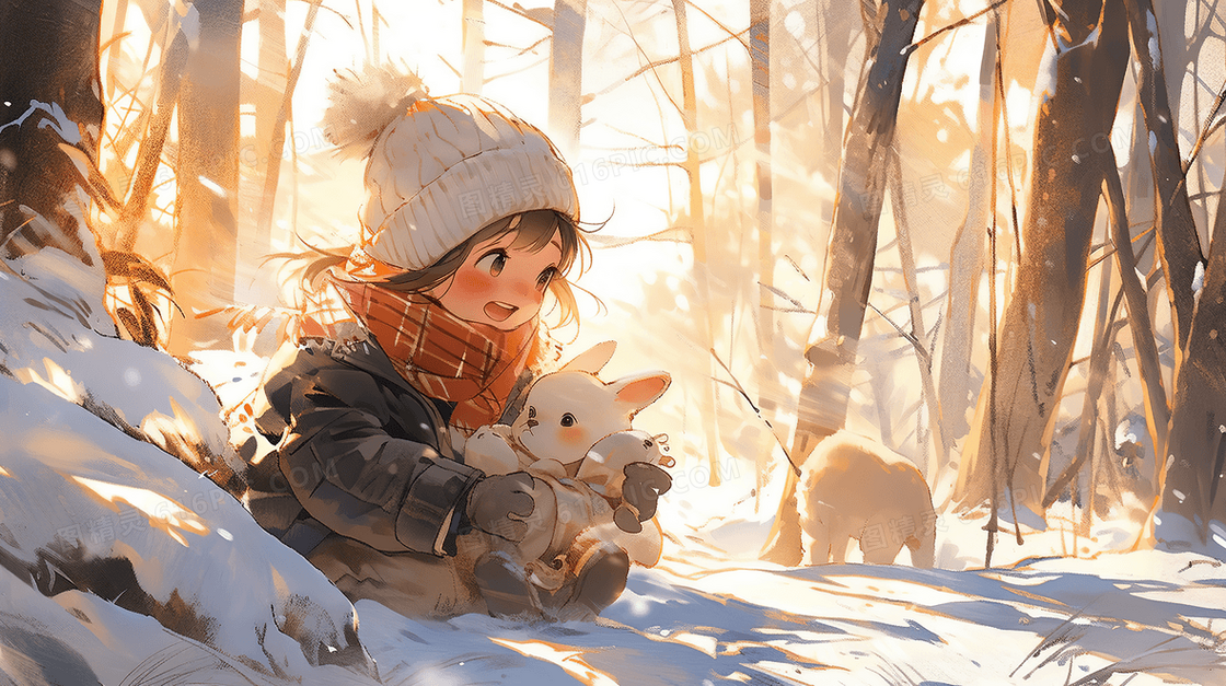森林里和小动物玩耍的女孩插画