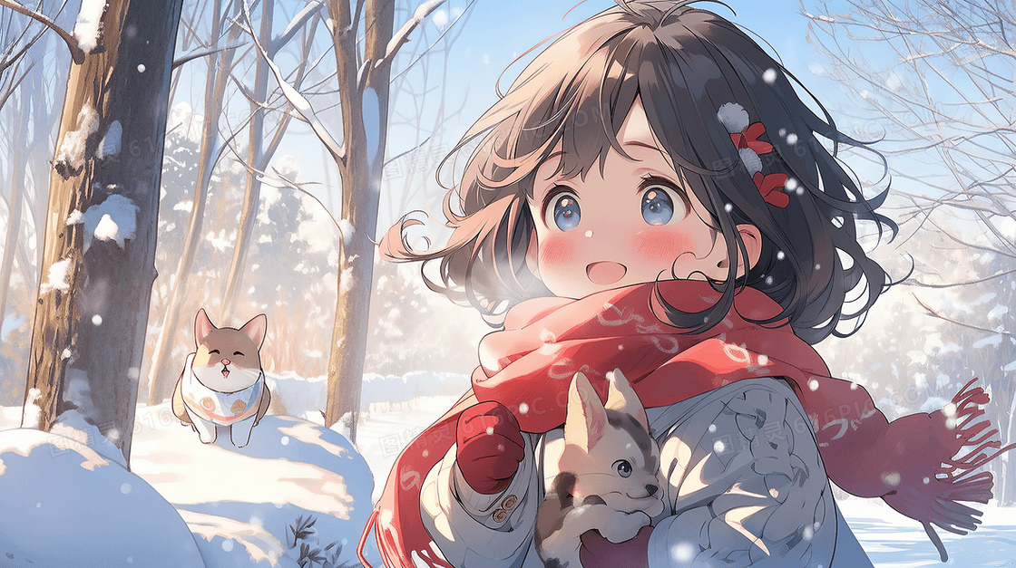 冬天在雪地里玩耍的小女孩插画