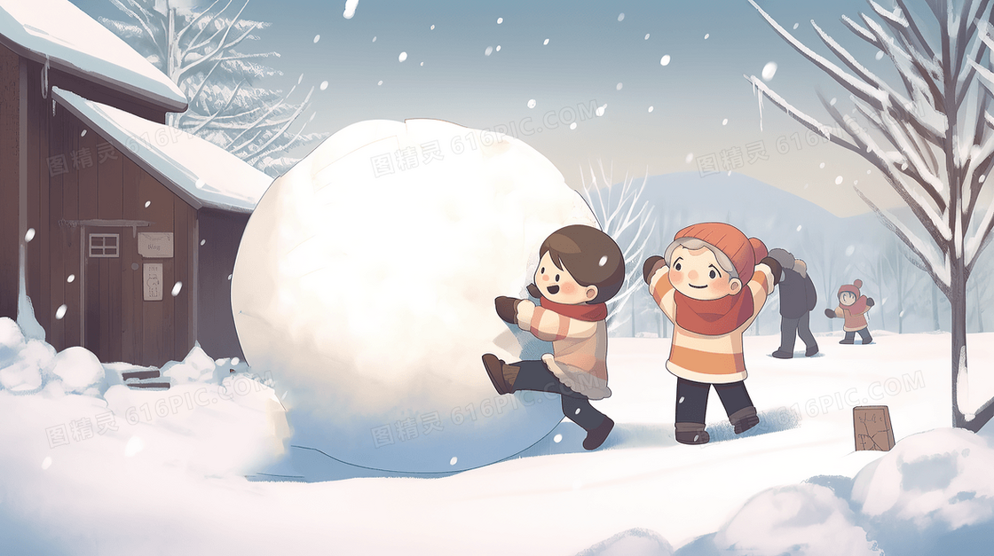 下雪天小伙伴们在雪地里堆雪人插画
