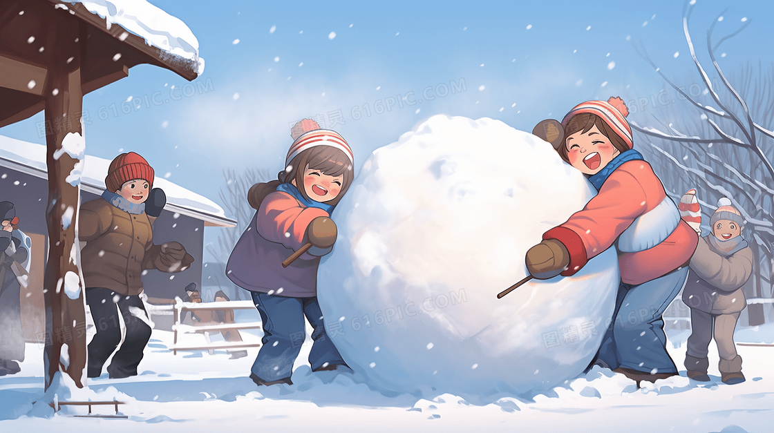 下雪天小伙伴们在雪地里堆雪人插画