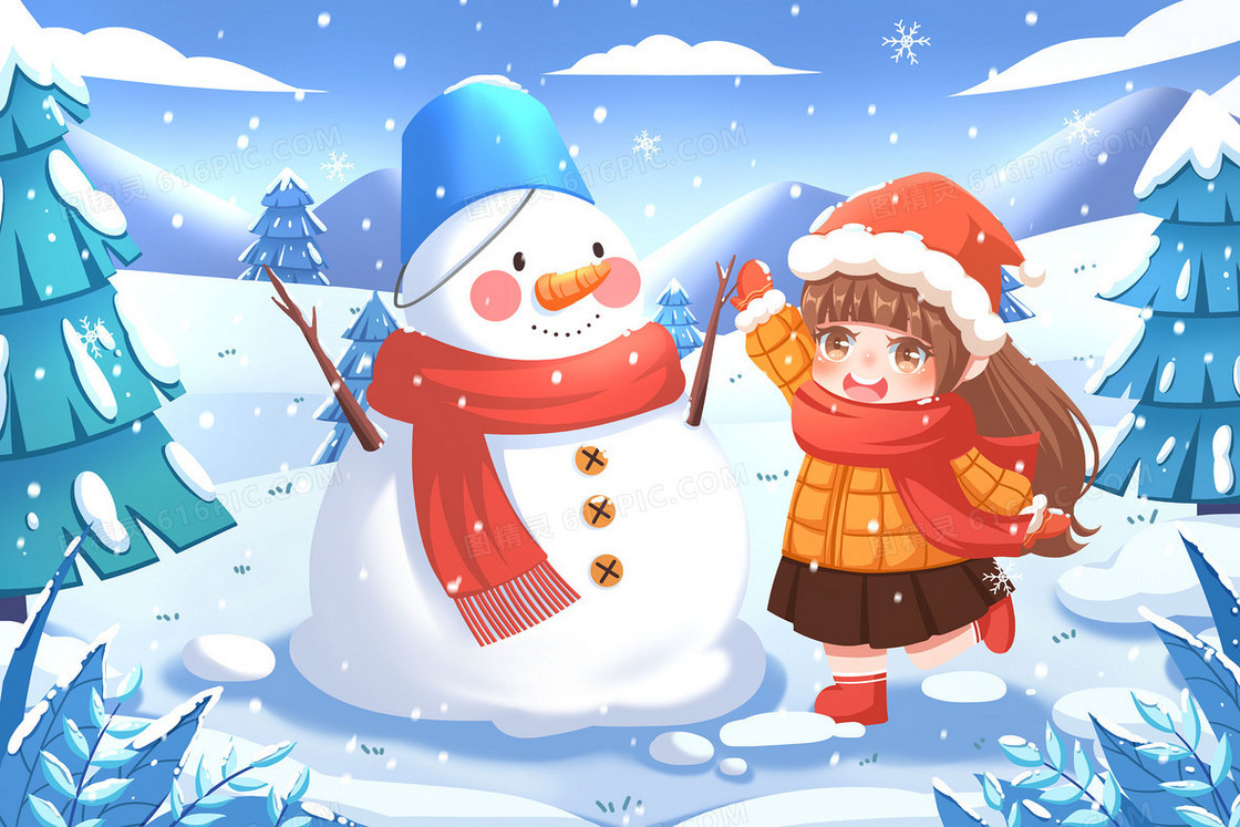 冬天可爱小女孩在雪地里堆雪人