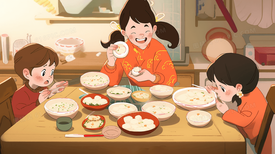 冬天一家人在屋里吃早饭插画