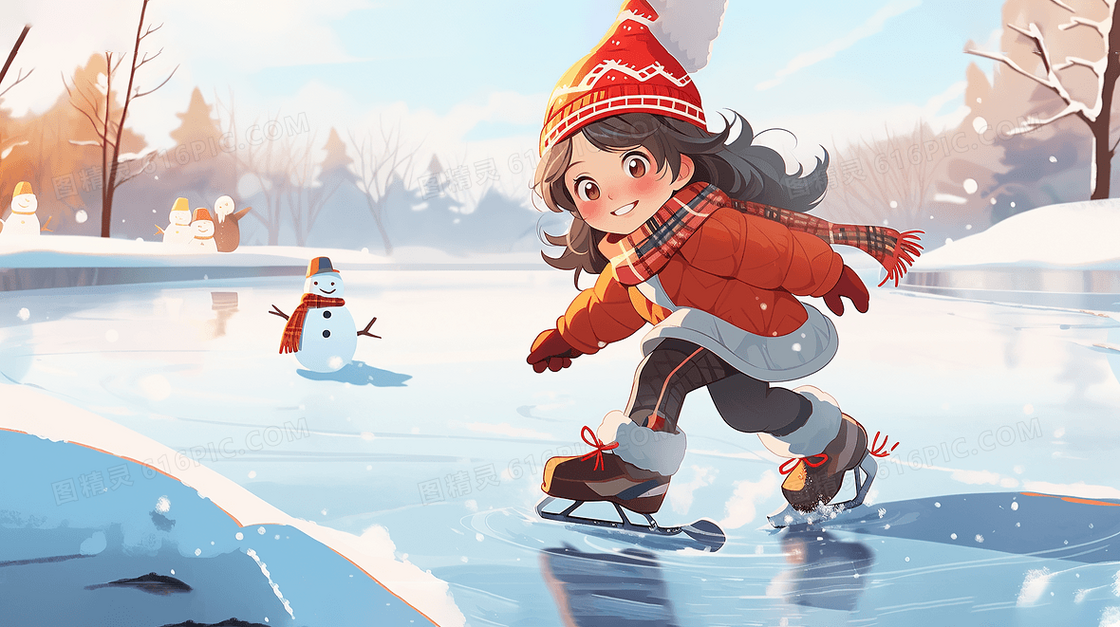 冬天女孩在冰面上溜冰插画