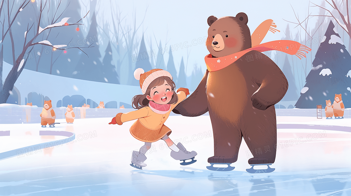 寒冷冬天女孩和小熊在冰面上溜冰插画