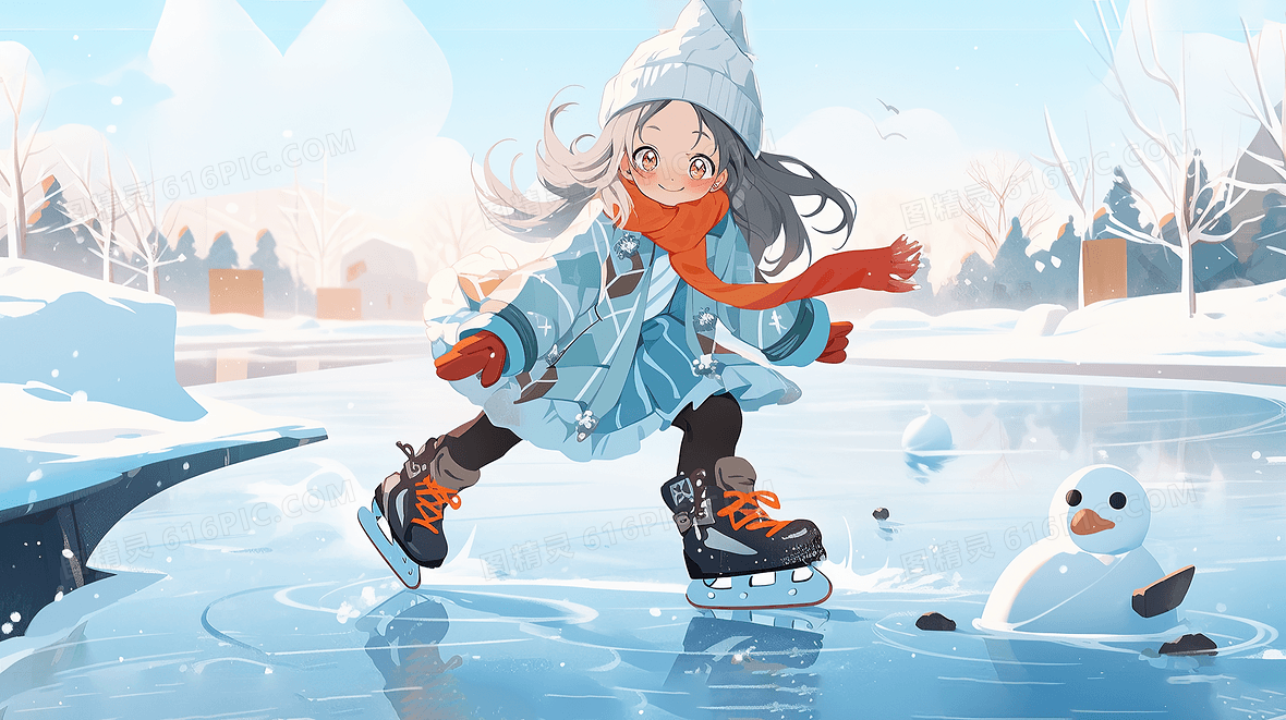 冬天女孩在冰面上溜冰插画
