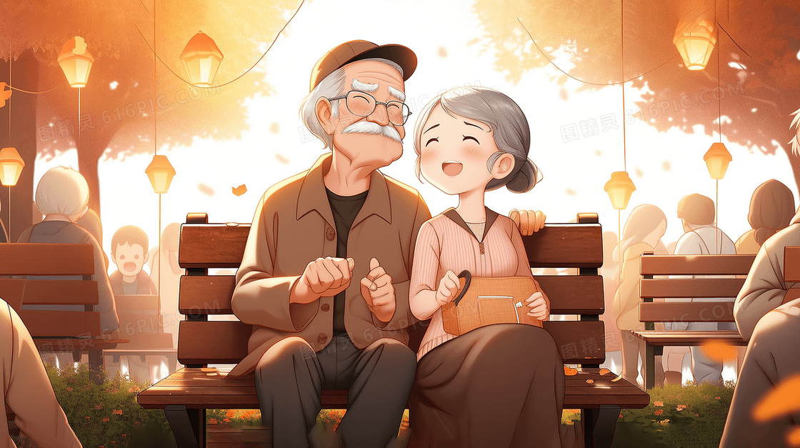 重阳节坐在公园长椅上的老人插画
