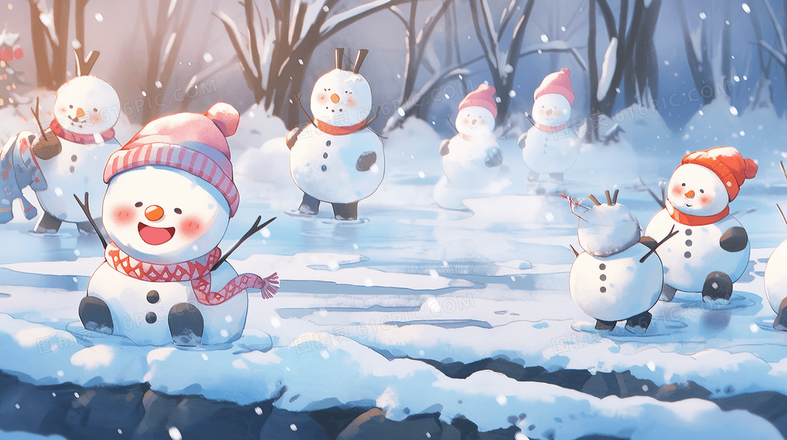 雪地里可爱的小雪人插画