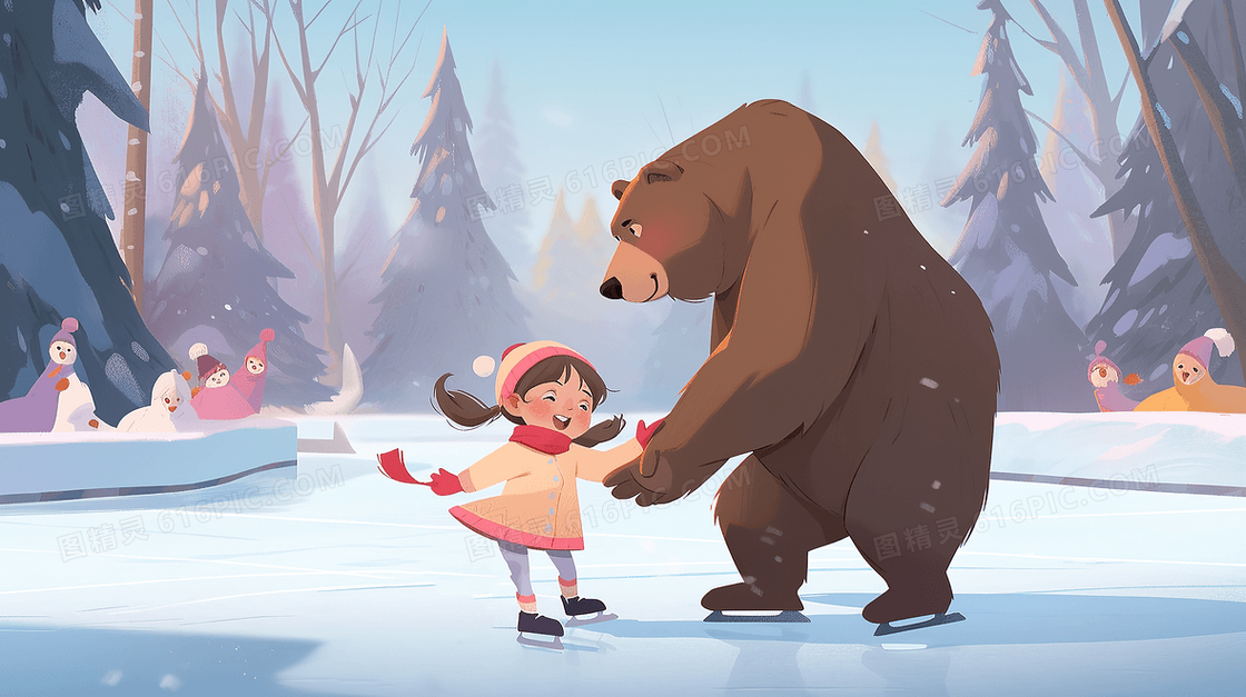 寒冷冬天女孩和小熊在冰面上溜冰插画