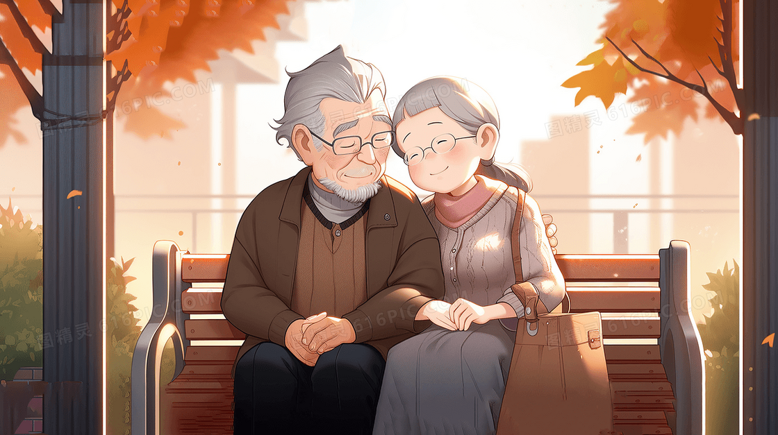 重阳节坐在公园长椅上的老人插画