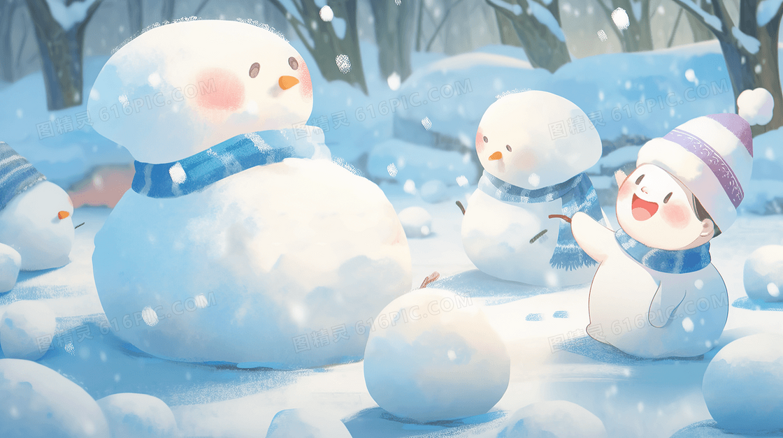 雪地里可爱的小雪人插画