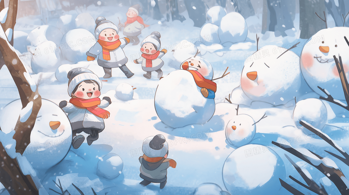 雪地里打雪仗的孩子们插画
